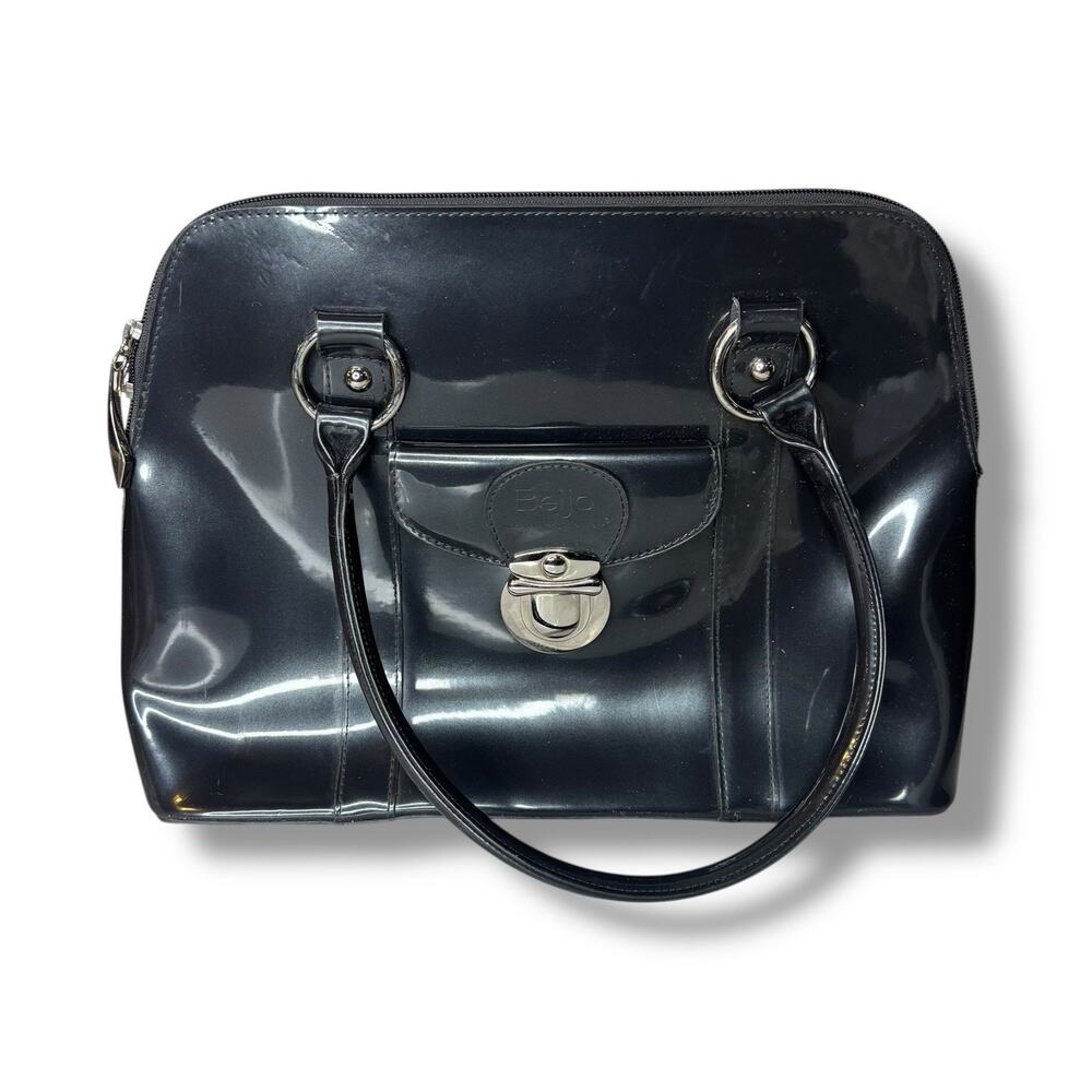 Beijo Double Handle Shoulder Bag Zipper Closure Pewter Gray Shiny Pockets Silver